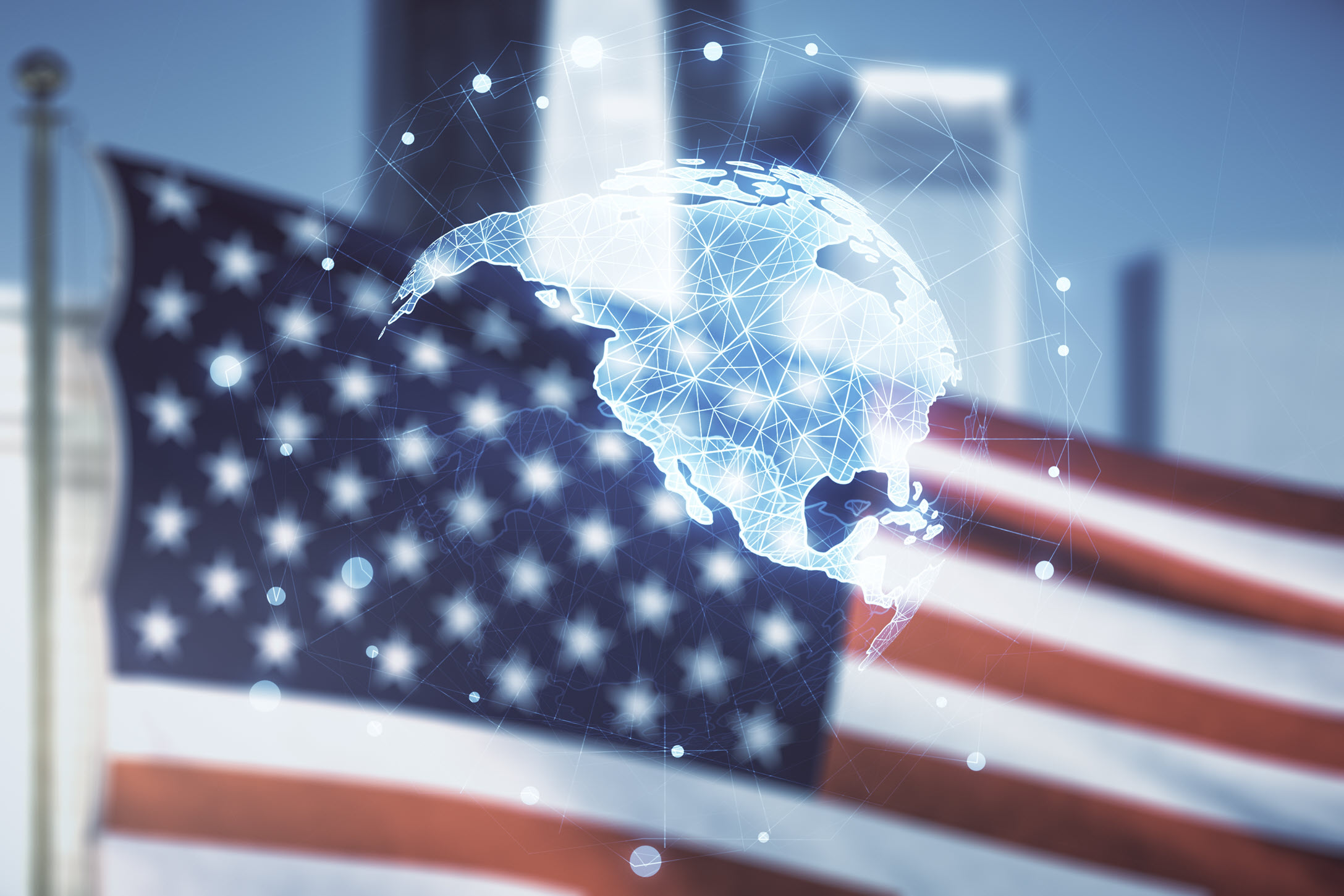 American flag with North America data map superimposed