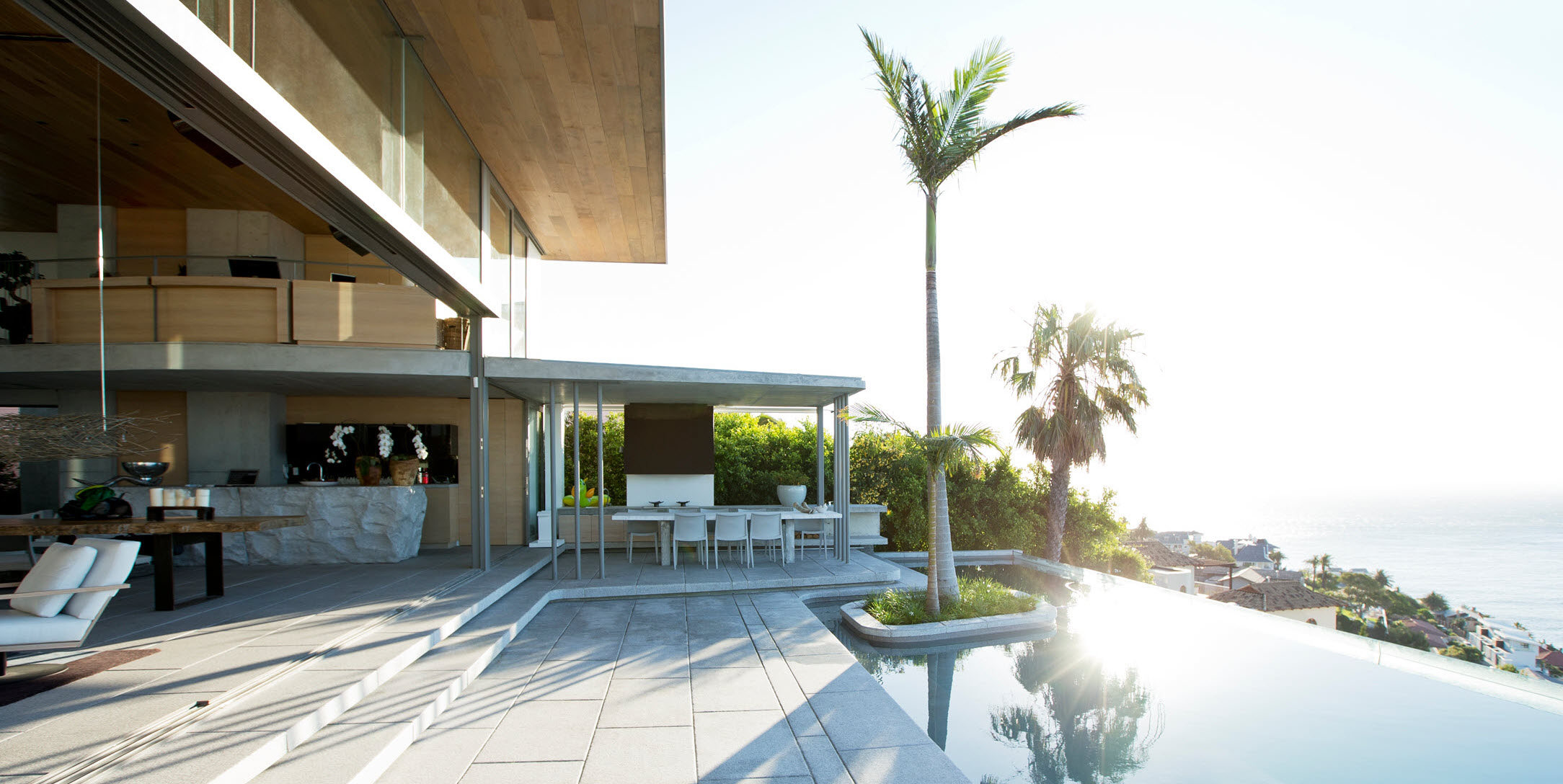 California beach house with infinity pool and palm tree narrow