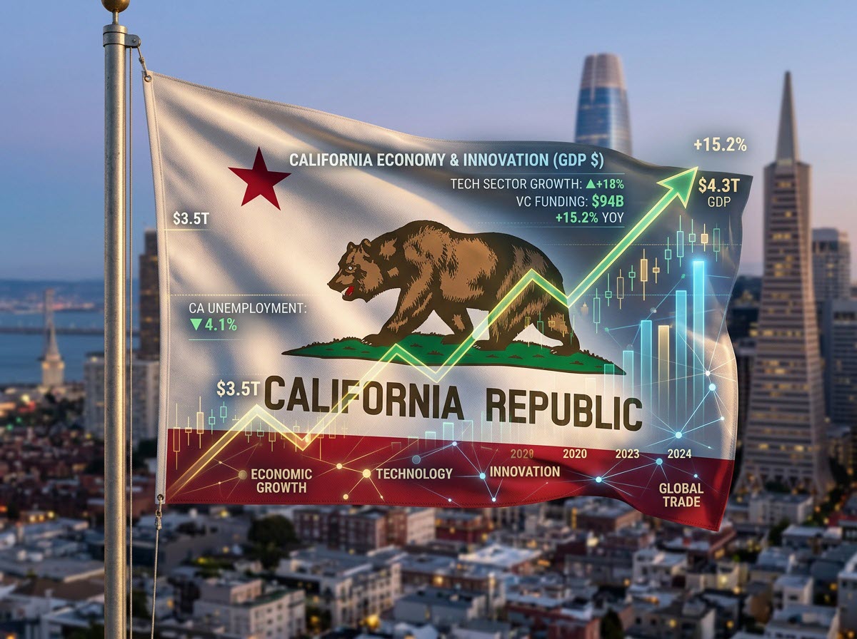 California flag financial graphic San Francisco skyline