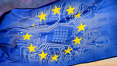 EU European Union flag with stars and electric circuit hubspot