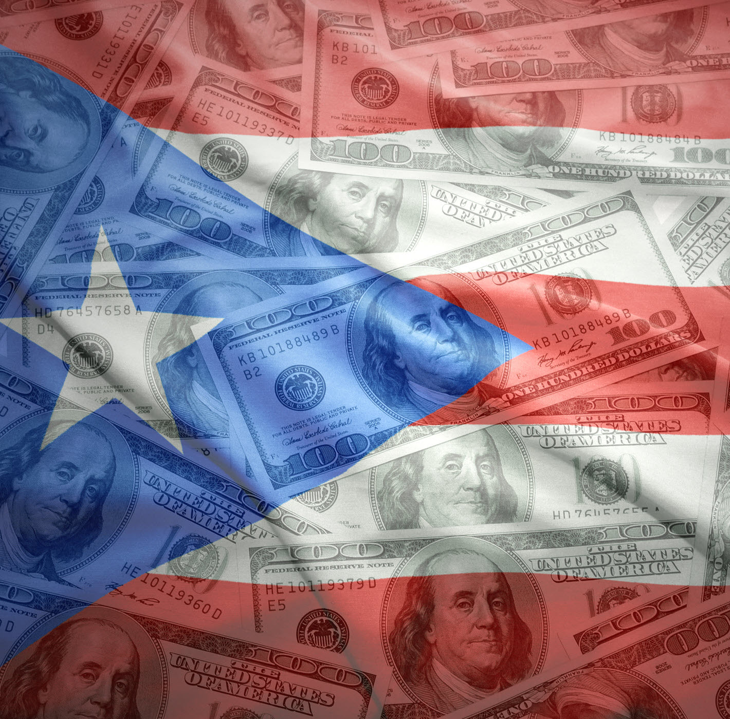 Puerto Rico flag with hunded dollar bills square