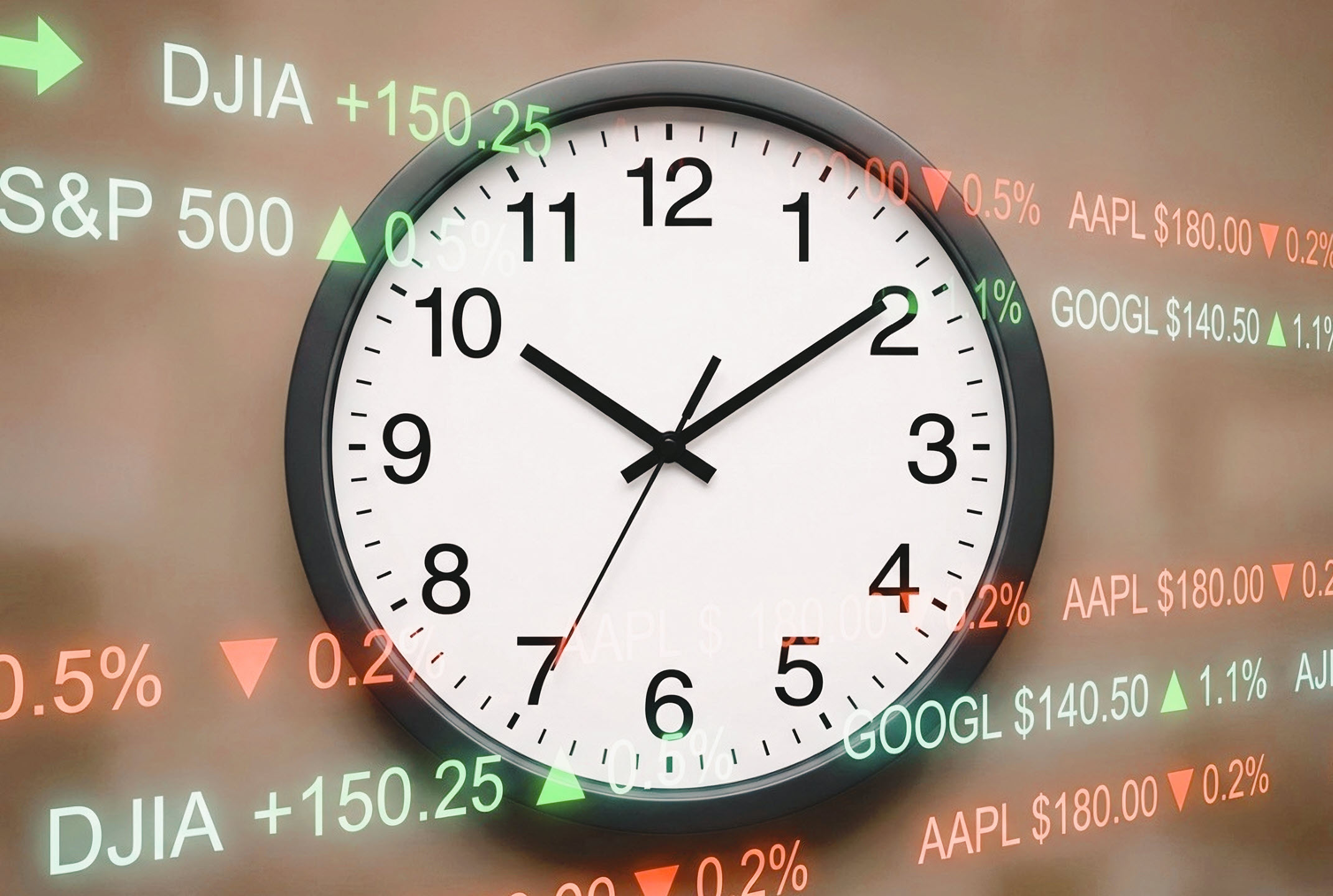 office clock with stock ticker