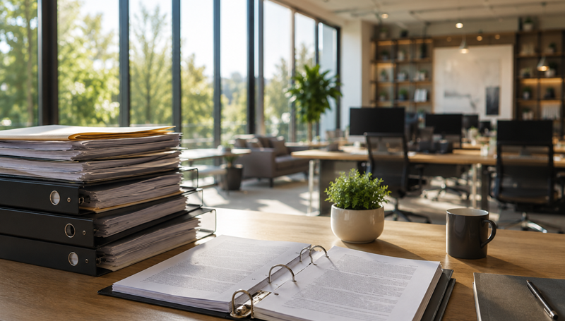 open office with binder on desk hubspot